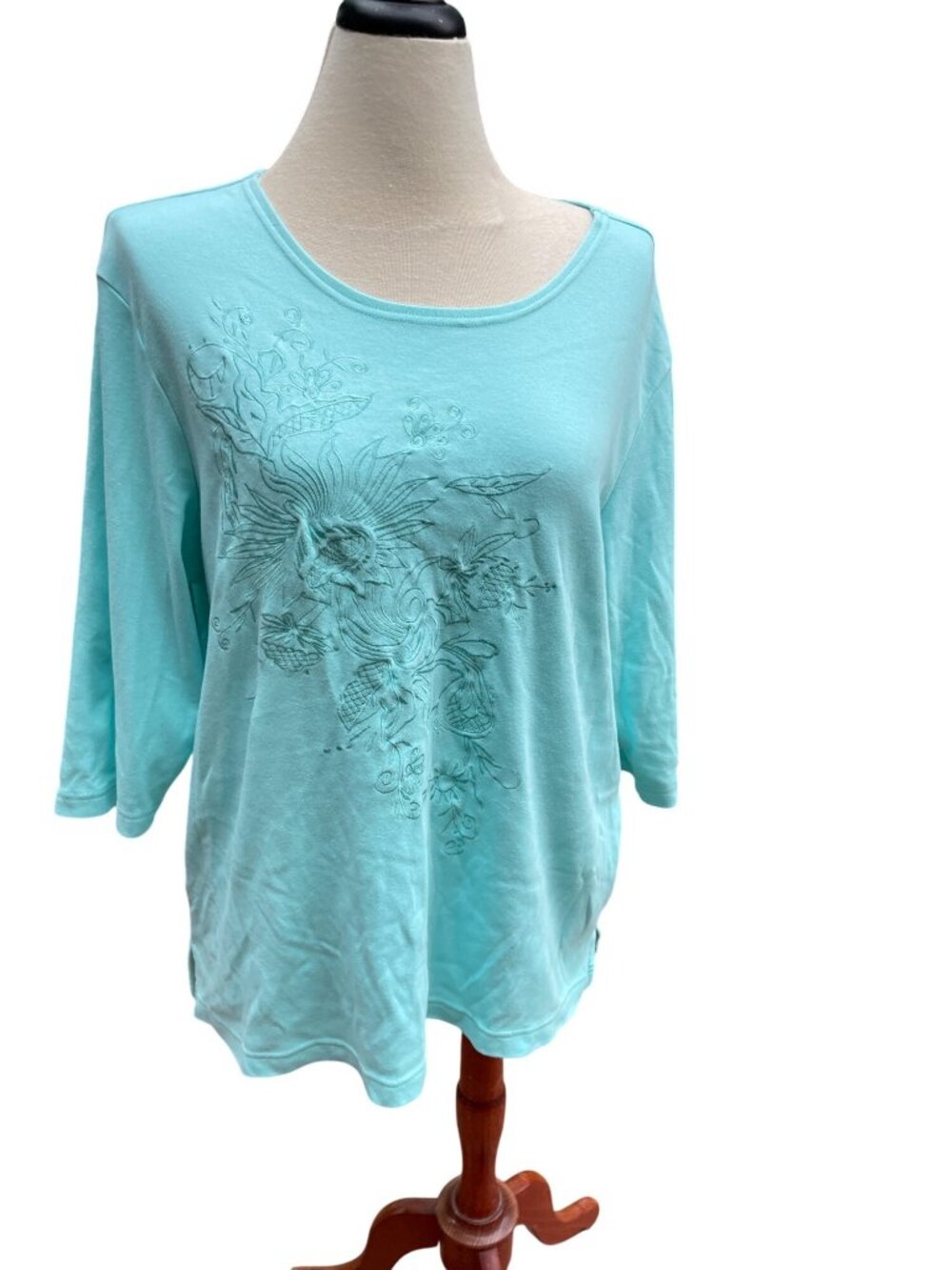 Aqua Blue Floral Embroidered 3/4 Sleeve Top Light Vintage Womens XL